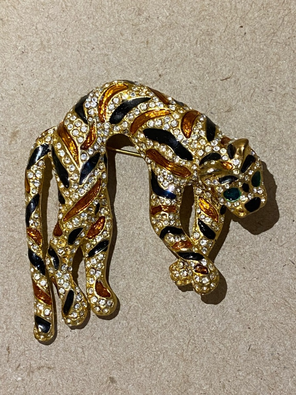 Vintage Ciner? Leopard Gold Tone Enamel and rhinestone pace Cat  Brooch Pin